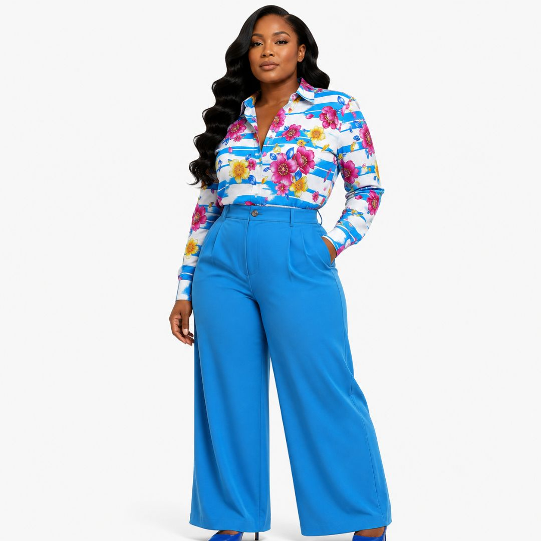 Sky Blue Floral Stripe Fabric Set